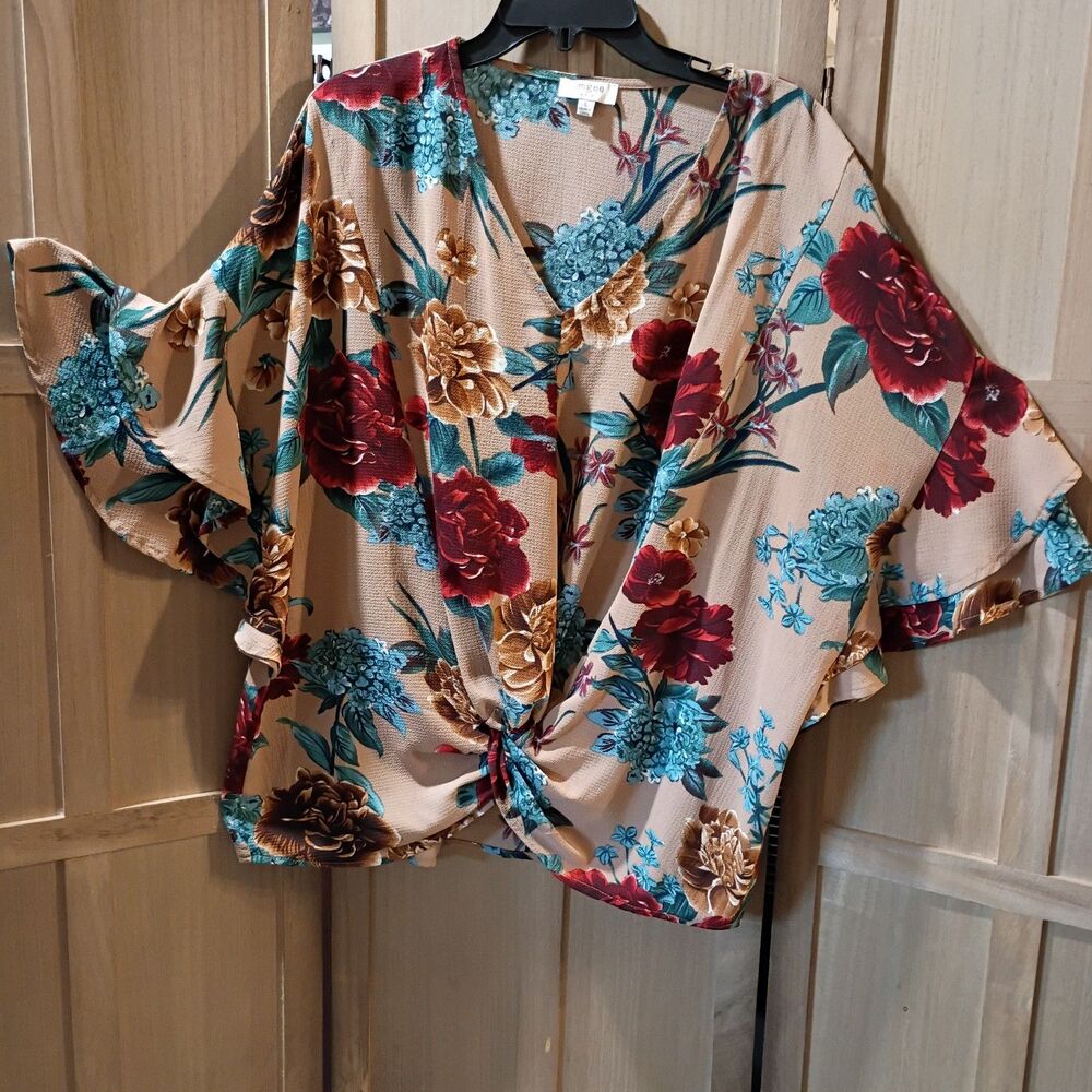 Umgee Floral Twist Front Blouse in Beige, Red, Teal & Gold